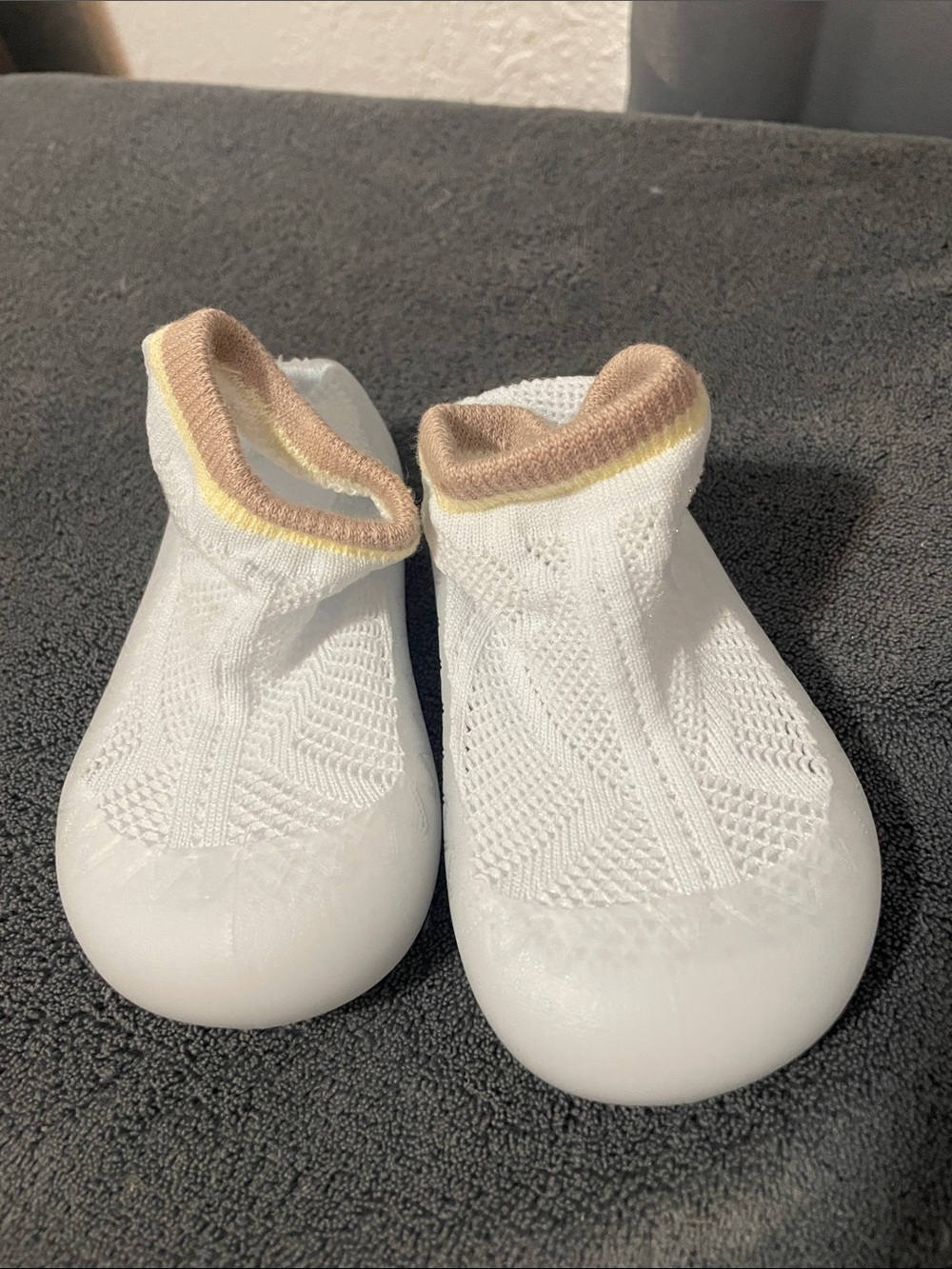 Kids White Sock-Style Shoes with Pink and Yellow Trim